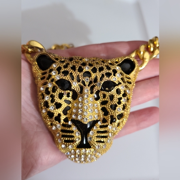Leopard cheetah chunky chain necklace Rhinestones gold black enamel Rhianna - Picture 2 of 12